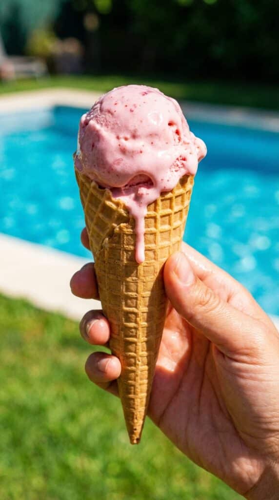 A close-up of a hand holding a waffle cone with melting strawberry ice cream in front of a sunny background.