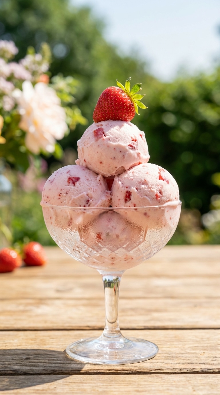 A crystal glass filled with three scoops of pale pink homemade strawberry ice cream with fresh fruit chunks.