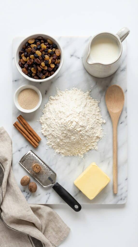 A flat lay showing dried fruit, cinnamon, nutmeg, flour, yeast, and milk on a marble board.