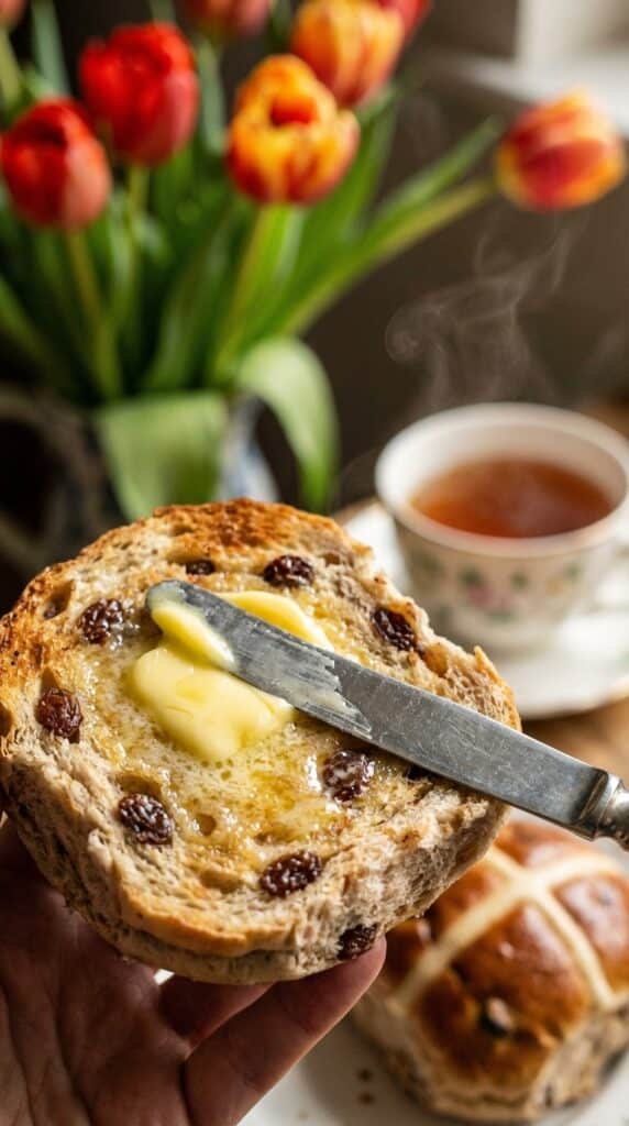 A close-up of a knife spreading melting butter on a toasted hot cross bun split in half.