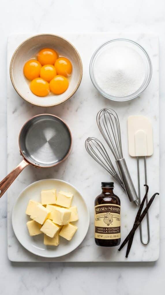 A flat lay showing separated egg yolks, cubed butter, sugar, and vanilla on a wooden table.