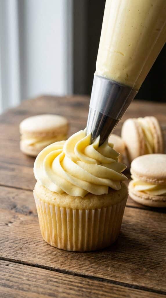 A close-up of a piping bag dispensing a smooth swirl of yellow French buttercream onto a cupcake.