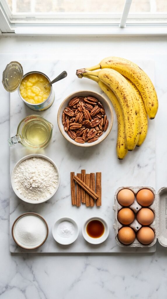 A flat lay showing ripe bananas, crushed pineapple, pecans, oil, flour, and cinnamon on a marble board.