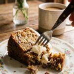 A close-up of a fork taking a bite of moist hummingbird cake with cream cheese frosting.