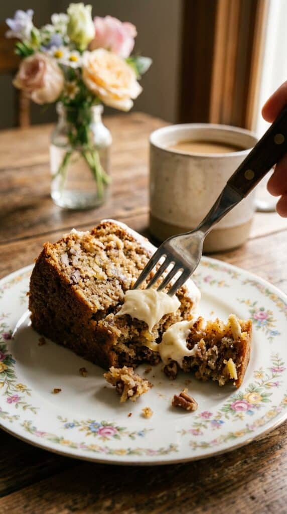 A close-up of a fork taking a bite of moist hummingbird cake with cream cheese frosting.