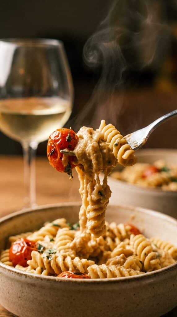 A close-up of a fork twirling creamy linguine pasta with a cherry tomato.