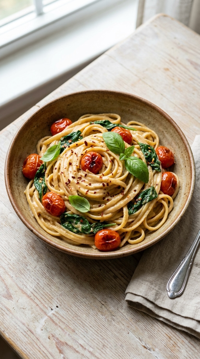 A top-down view of a bowl of creamy pasta with spinach and tomatoes, coated in a hummus sauce.