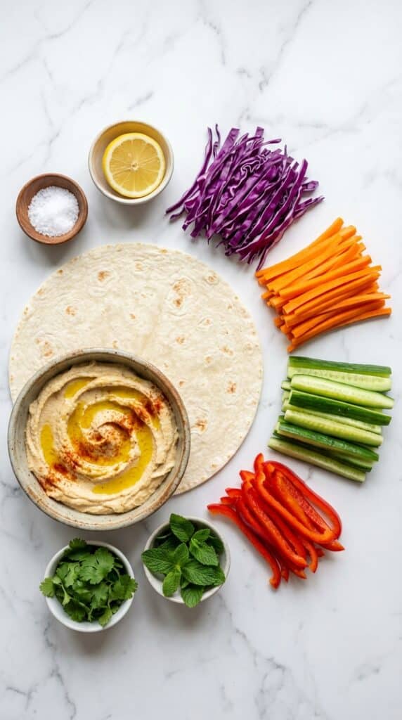 An overhead flat lay showing a tortilla, a bowl of hummus, and piles of sliced purple cabbage, carrots, peppers, and cucumbers.