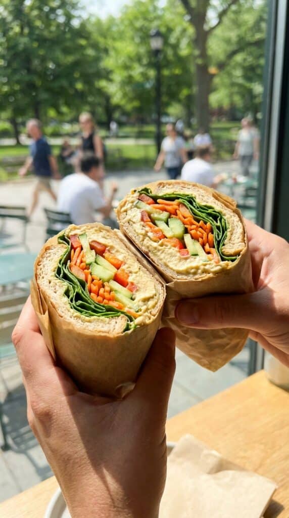 A close-up of hands holding two halves of a colorful veggie and hummus wrap, partially wrapped in parchment paper.