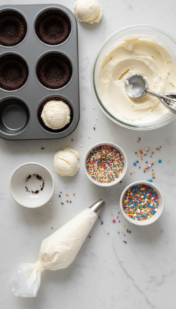 A flat lay showing hollowed-out chocolate cupcakes, a tub of vanilla ice cream, an ice cream scoop, and sprinkles on a marble table.