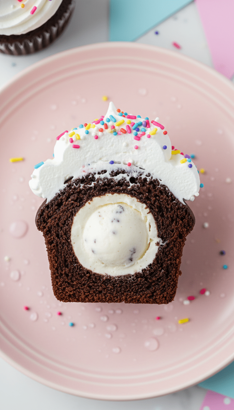 A chocolate cupcake cut in half to reveal a hidden center of vanilla ice cream, topped with whipped cream and sprinkles.
