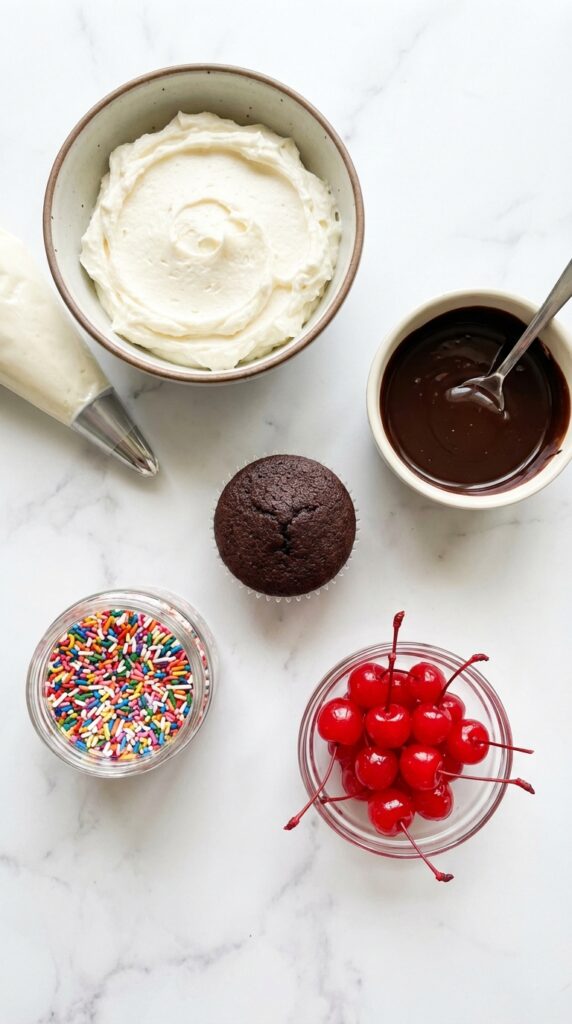 A flat lay showing white buttercream, a piping bag, liquid chocolate ganache, rainbow sprinkles, maraschino cherries, and a plain chocolate cupcake on a marble board.