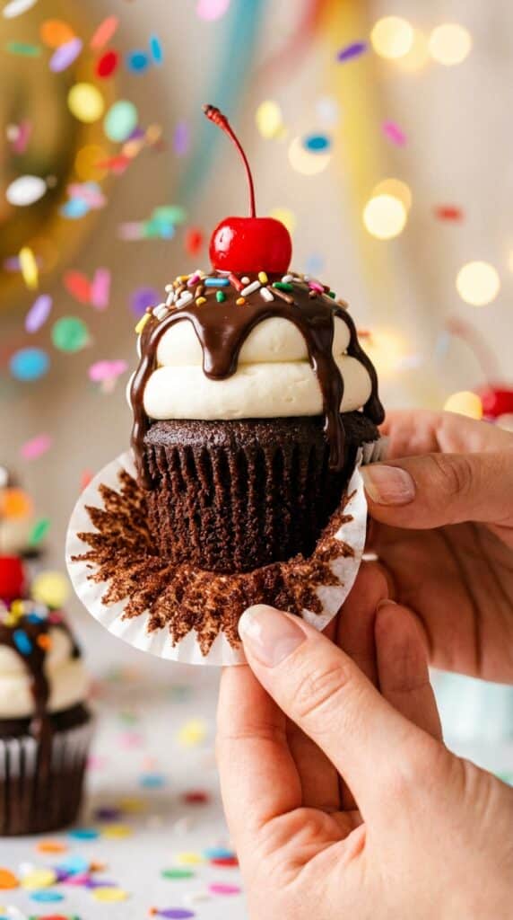 A close-up of a hand peeling the paper wrapper off an ice cream sundae cupcake, showing the moist chocolate cake and tall decorated frosting.