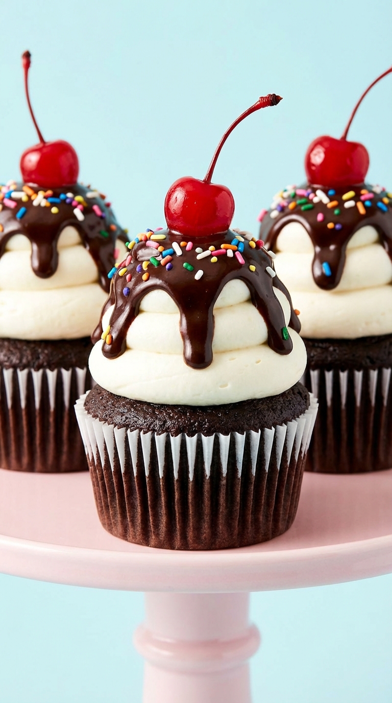 Three chocolate cupcakes decorated to look like ice cream sundaes with tall white frosting, chocolate drip, rainbow sprinkles, and a cherry on top.