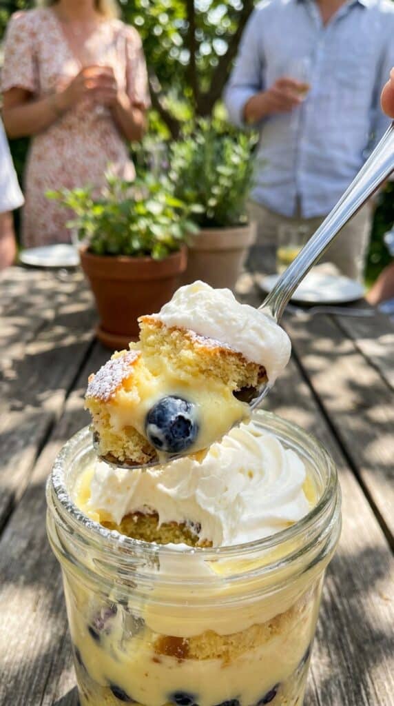 A close-up of a spoon lifting a bite of lemon, cake, and blueberry from a glass trifle cup.