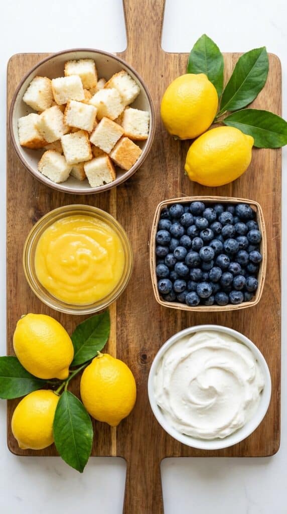 A flat lay showing cubed cake, lemon pudding, fresh blueberries, and lemons on a wooden board.