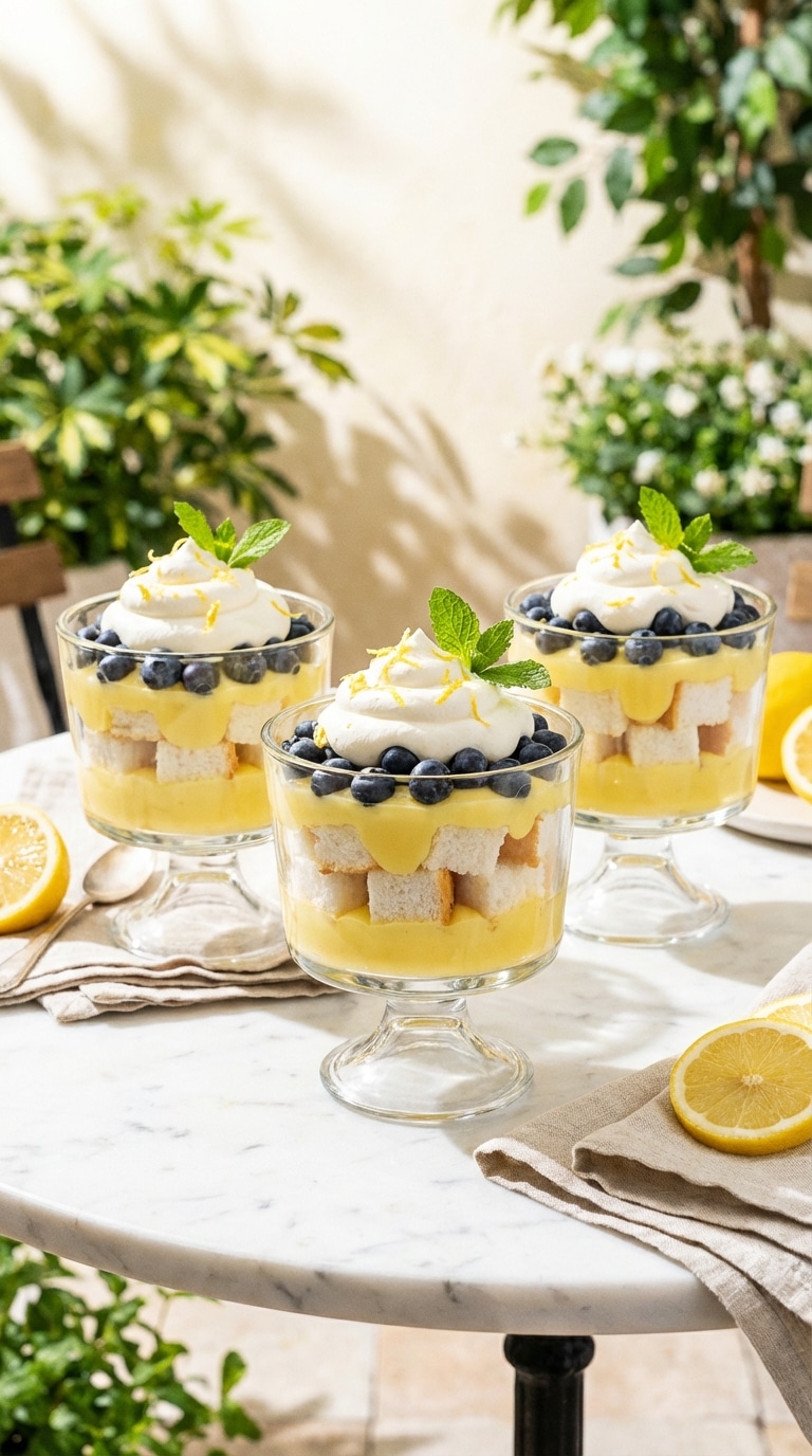 Three glass dessert cups showing layers of lemon pudding, blueberries, and cake, topped with mint