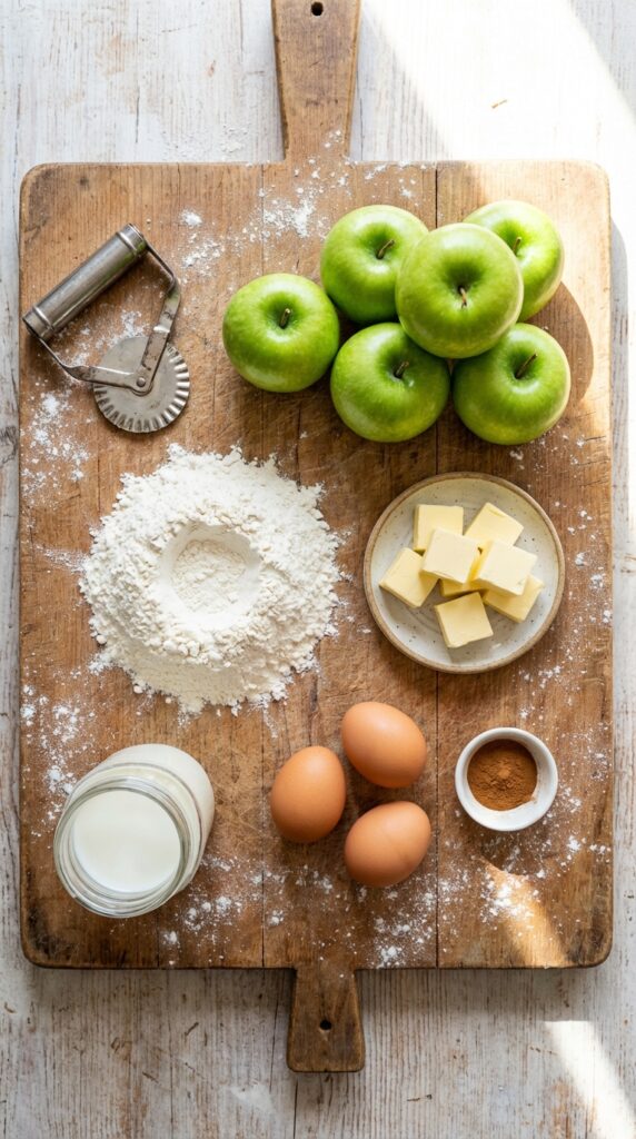 A flat lay showing green apples, flour, cold butter, eggs, milk, and cinnamon on a rustic wooden board.