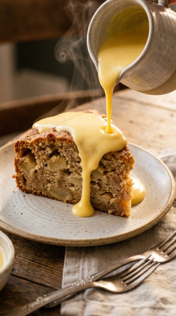 A close-up of warm vanilla custard being poured over a thick slice of Irish Apple Cake, showing the apple chunks inside.