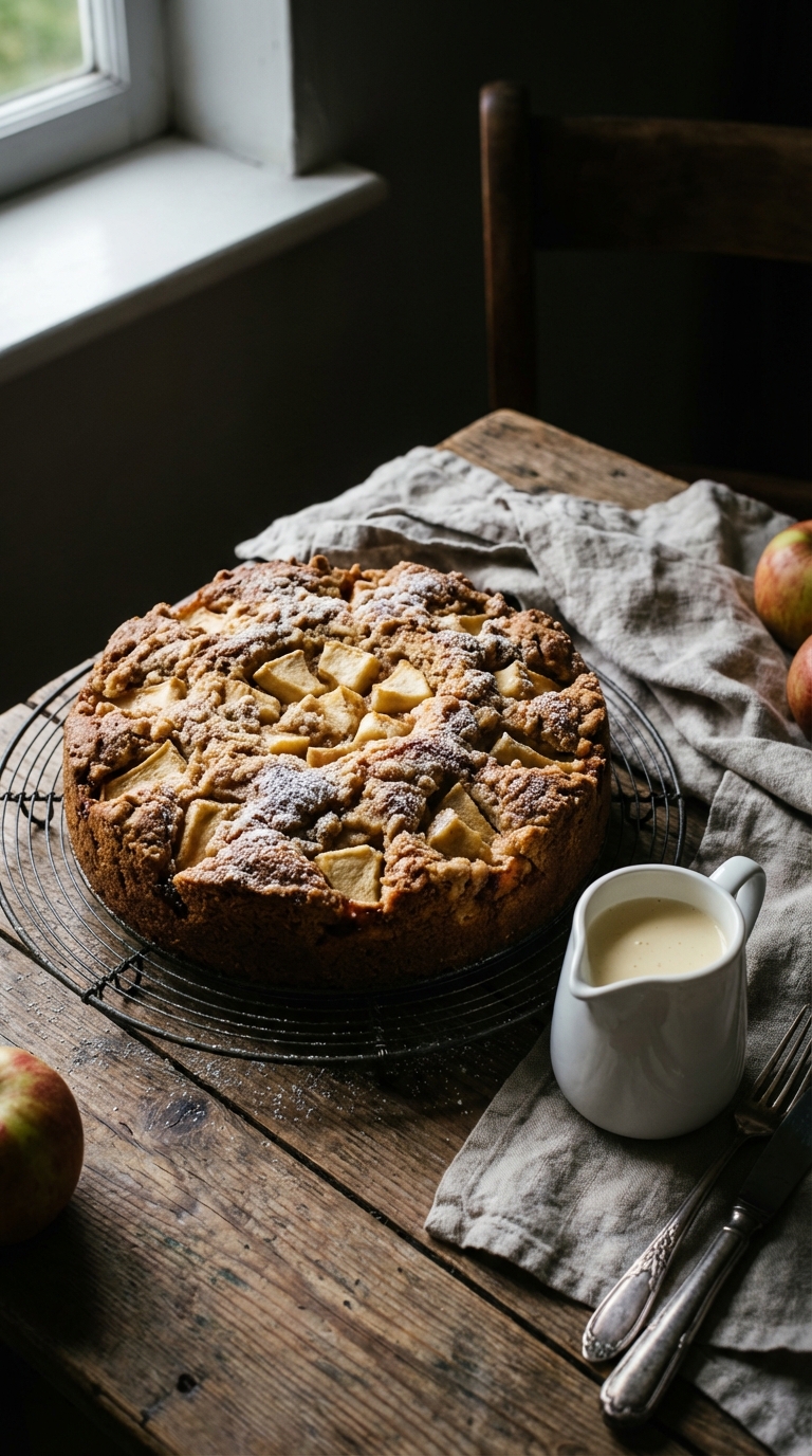 A whole rustic Irish Apple Cake topped with streusel and powdered sugar, sitting on a wooden table next to a jug of vanilla custard.
