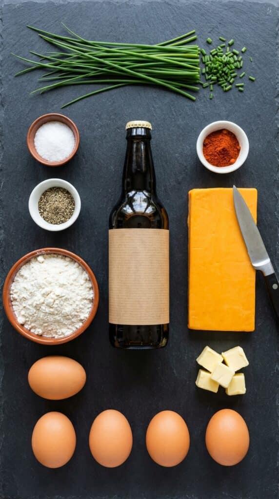 A flat lay showing a bottle of stout, block of cheddar, eggs, flour, and butter on a slate board.