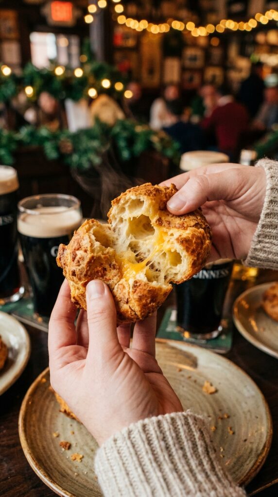 A close-up of hands pulling apart a cheese puff, revealing a hollow, steamy, cheesy center.