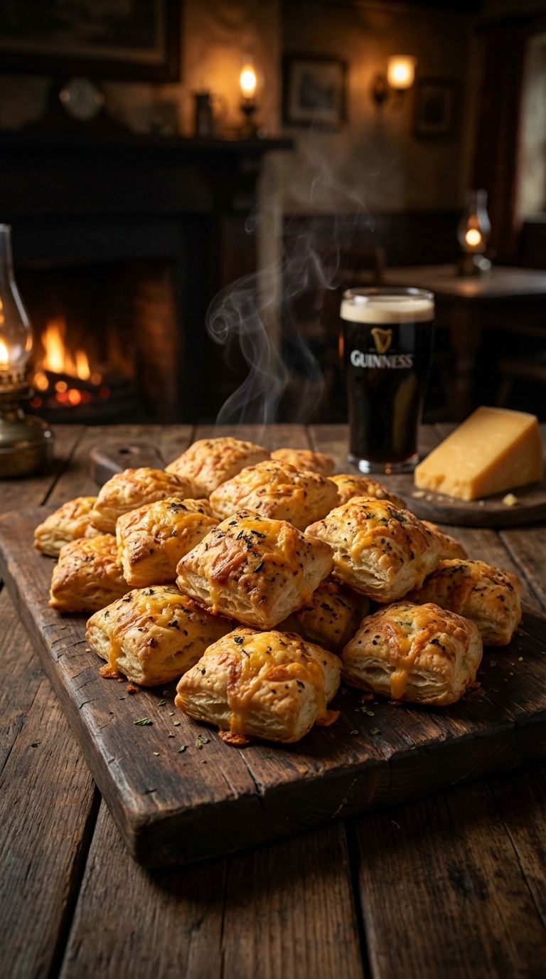 A wooden board stacked with golden brown cheese puffs with a glass of stout beer in the background.