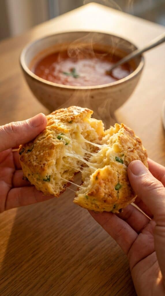 A close-up of hands pulling apart a warm cheesy biscuit, revealing a steaming fluffy interior.