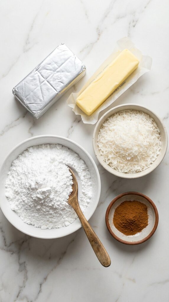 A flat lay showing cream cheese, butter, powdered sugar, shredded coconut, and cinnamon on a marble board.
