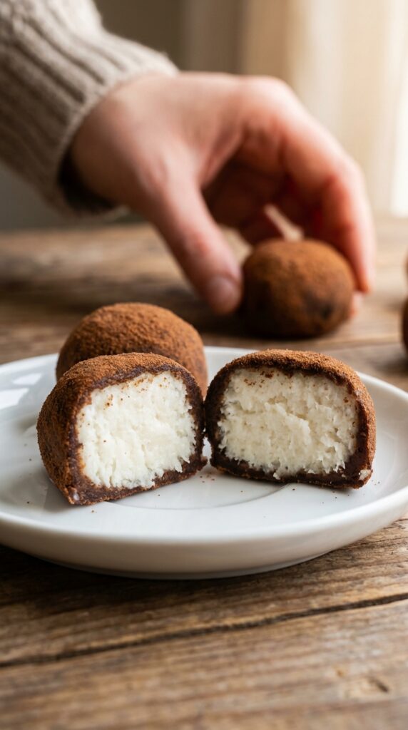 A close-up of an Irish potato candy cut in half, revealing a white coconut cream center surrounded by a brown cinnamon coating.