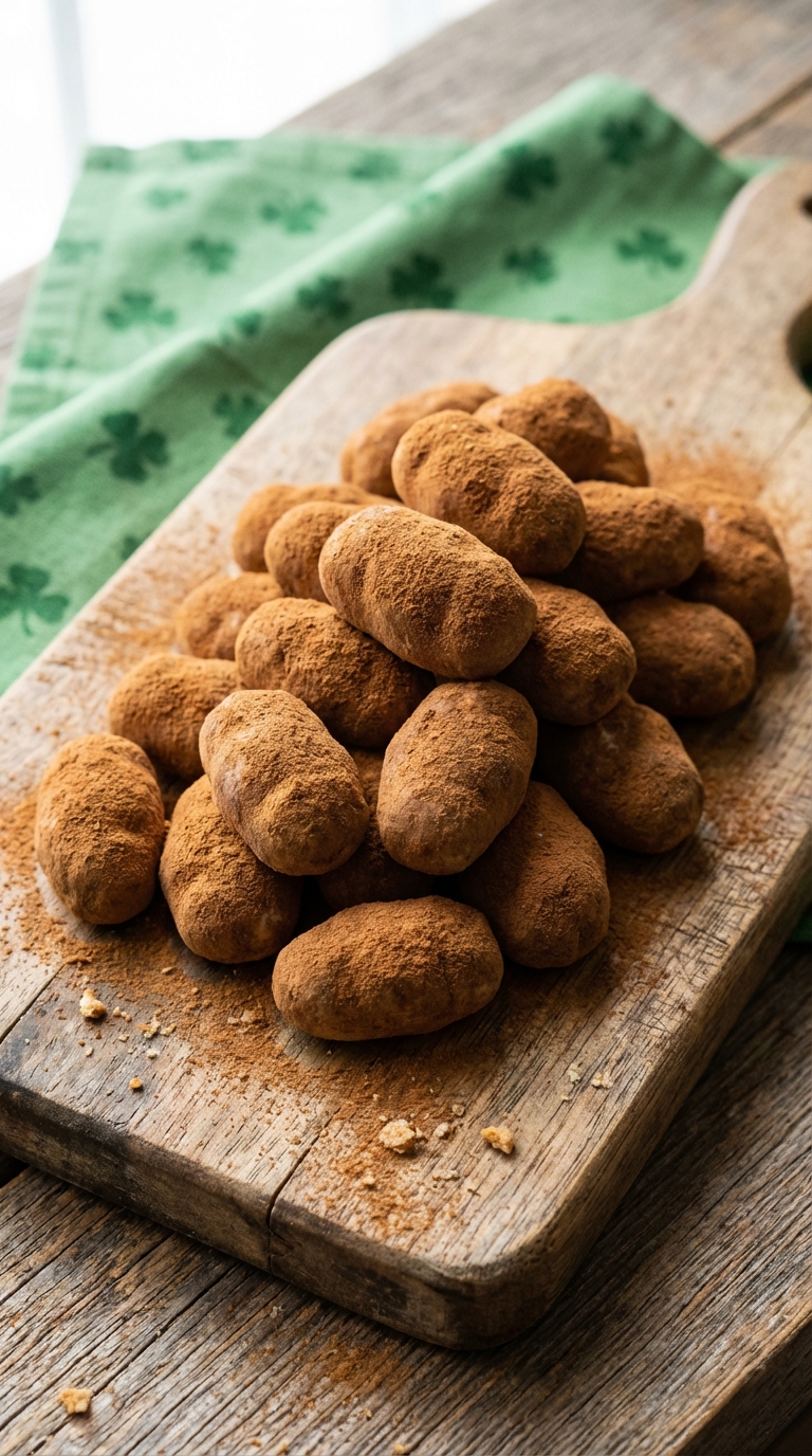 A wooden board piled with small, cinnamon-coated candies shaped to look like tiny potatoes, with a green napkin in the background.