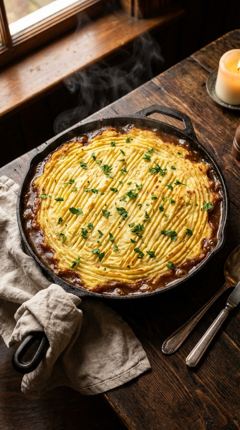 A top-down view of a baked shepherd's pie with a golden potato crust and bubbling gravy in a skillet.
