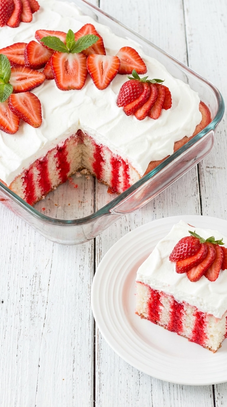 A white cake with red strawberry jello streaks inside, topped with whipped cream and fresh berries, with a slice removed.