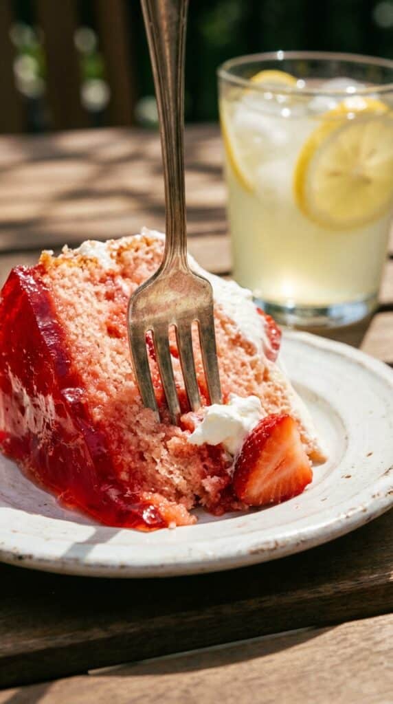 A close-up of a fork cutting into a moist slice of cake with red jello swirls and whipped cream.