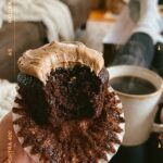 A close-up of a hand holding a chocolate Kahlúa cupcake with a bite taken out, showing the dark, moist interior crumb.
