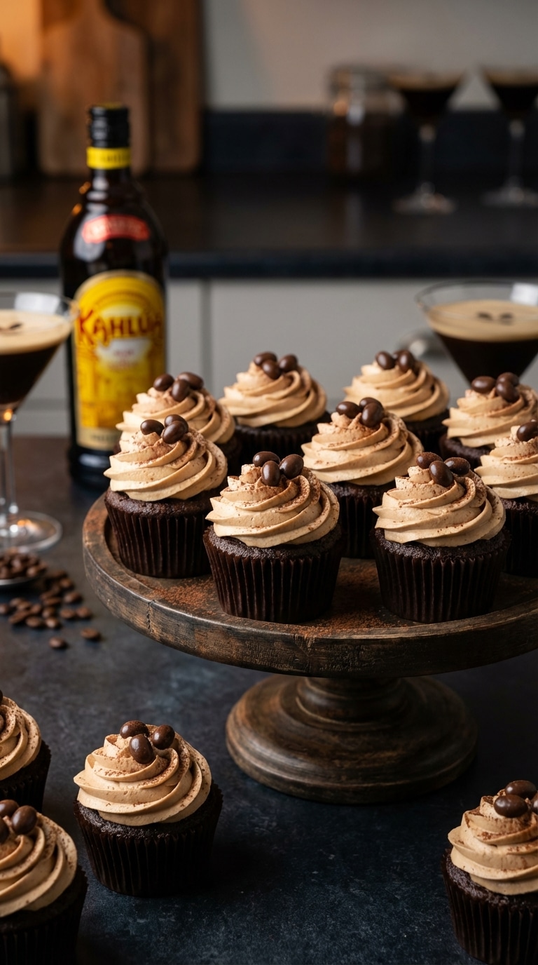 A tiered stand filled with chocolate cupcakes topped with mocha frosting and espresso beans, with a bottle of Kahlúa and cocktail glasses in the background.
