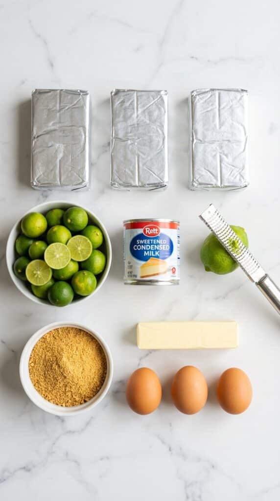 A flat lay showing cream cheese, key limes, condensed milk, graham cracker crumbs, and eggs on a marble board.