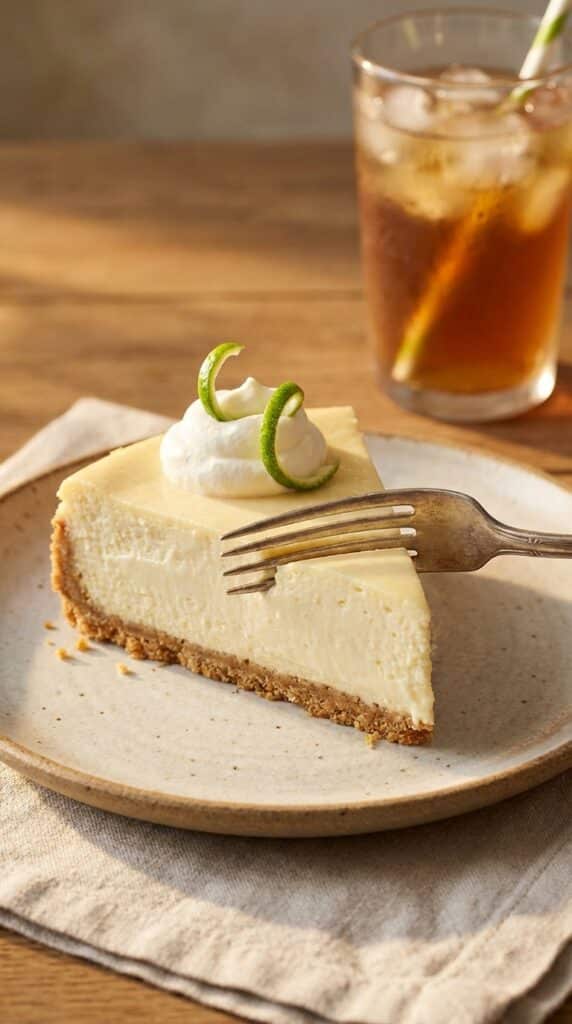 A close-up of a slice of key lime cheesecake on a plate, with a fork cutting into the creamy filling.