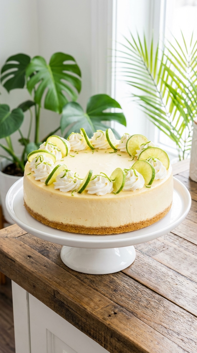 A whole key lime cheesecake on a stand, decorated with whipped cream swirls and fresh lime slices.