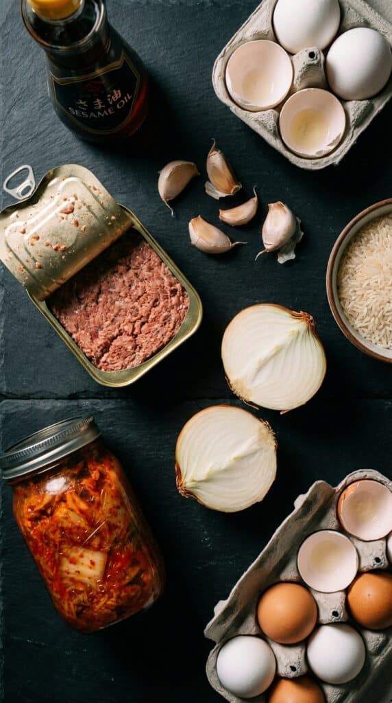 A flat lay showing a can of corned beef, a jar of kimchi, onions, garlic, eggs, and sesame oil.