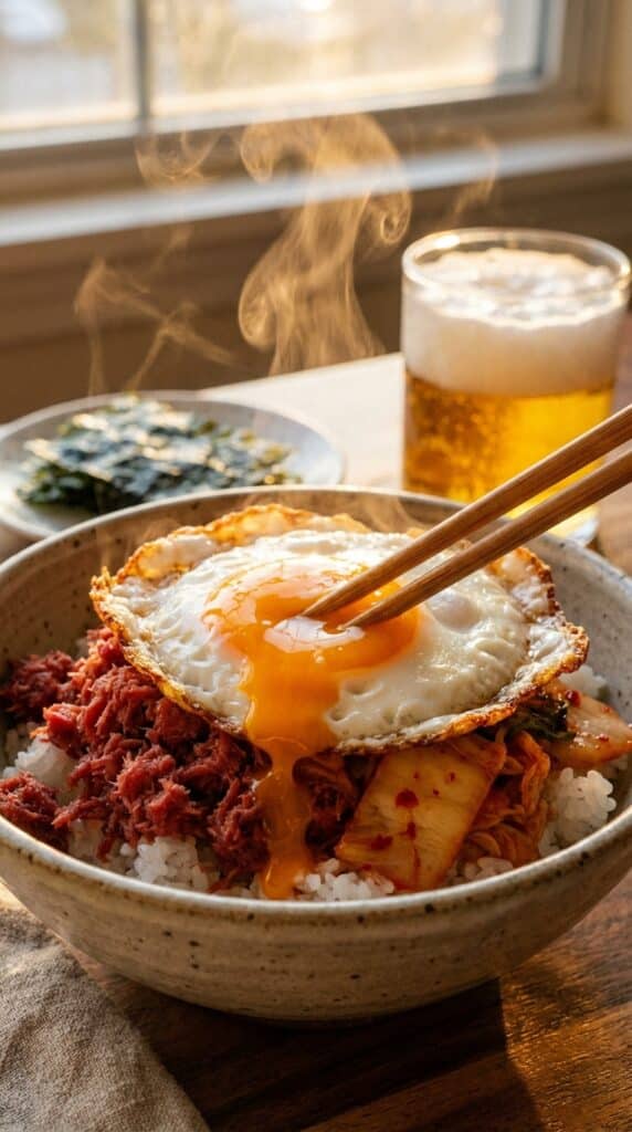 A close-up of chopsticks breaking a runny egg yolk over a bowl of beef and kimchi rice.
