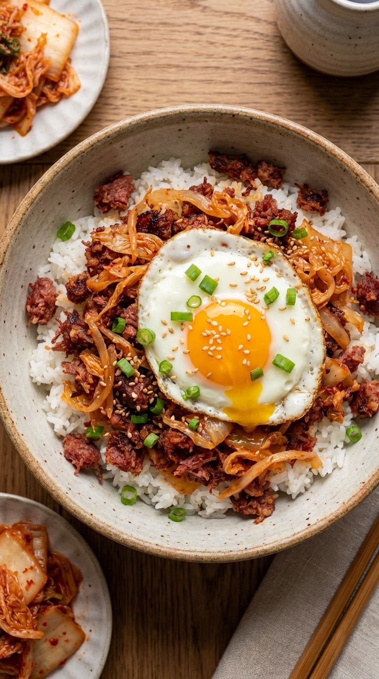 A rice bowl topped with crispy corned beef, red kimchi, scallions, and a fried egg with a runny yolk.