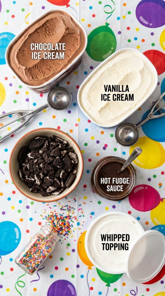 A flat lay showing cartons of chocolate and vanilla ice cream, crushed cookies, fudge sauce, and sprinkles.