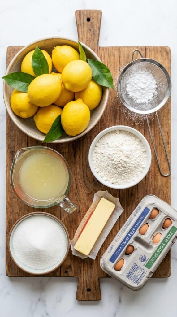 A flat lay showing fresh lemons, juice, sugar, butter, flour, and eggs on a wooden board.
