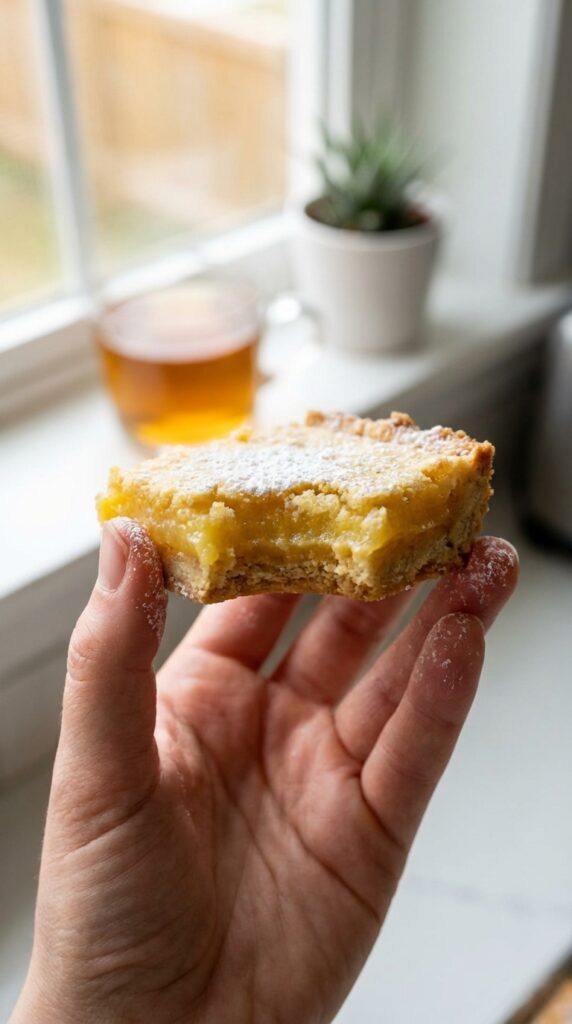 A close-up of a hand holding a lemon bar with a bite taken out, showing the texture of the filling and crust.