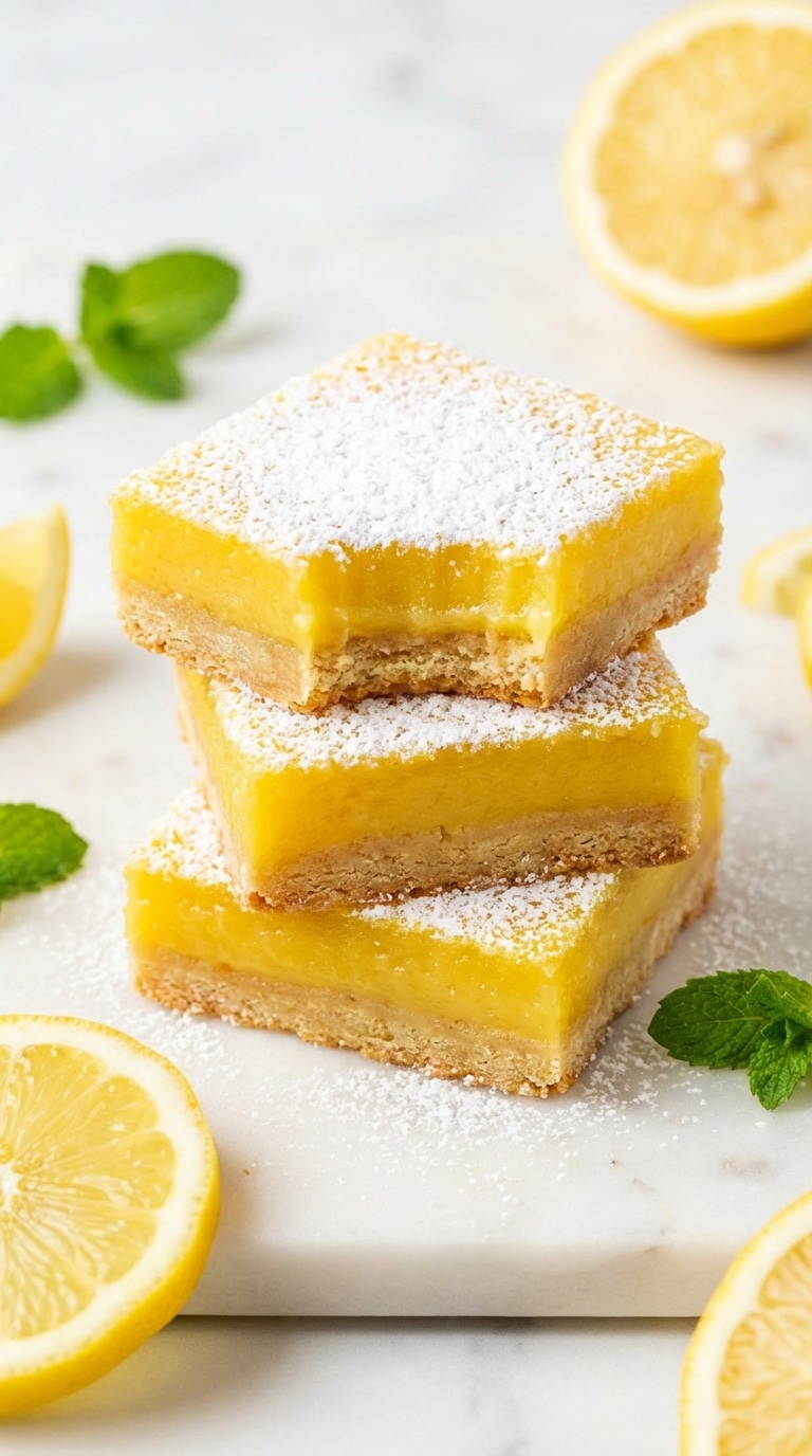 A stack of bright yellow lemon bars with a shortbread crust, dusted with powdered sugar and garnished with lemon slices.