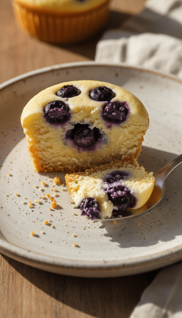 Three unwrapped lemon blueberry cheesecake cupcakes on a marble board, topped with fresh berries and lemon zest.