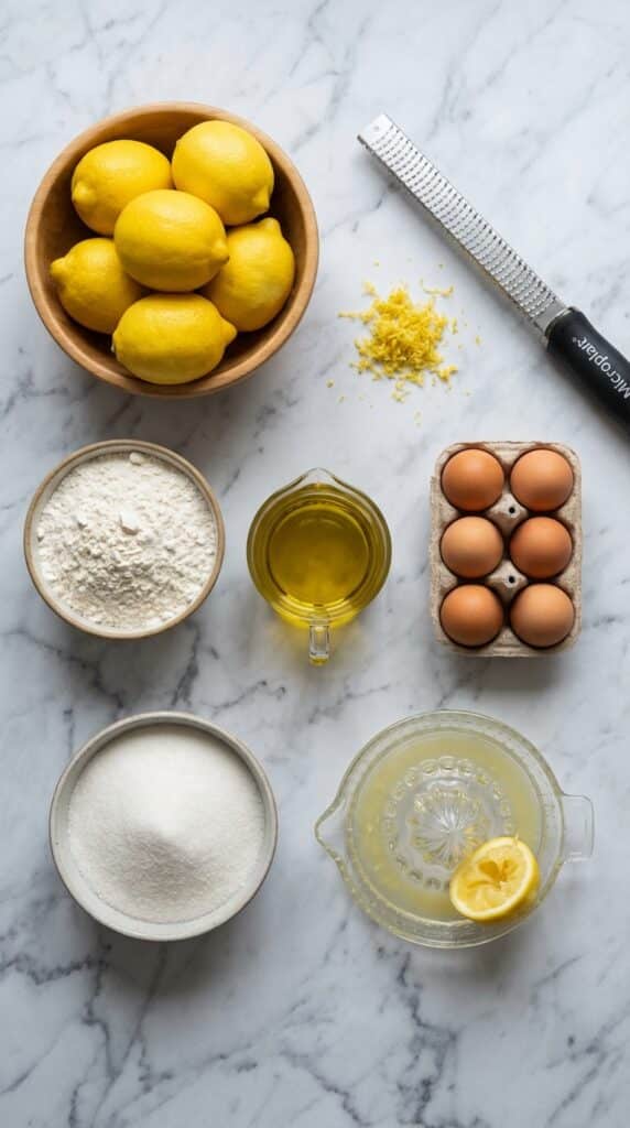 A flat lay showing fresh lemons, a zester, flour, oil, eggs, and sugar on a marble board.