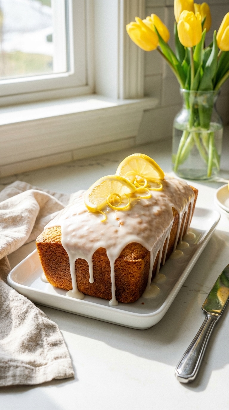 A whole lemon loaf cake on a white platter, covered in dripping white icing and garnished with fresh lemon slices.