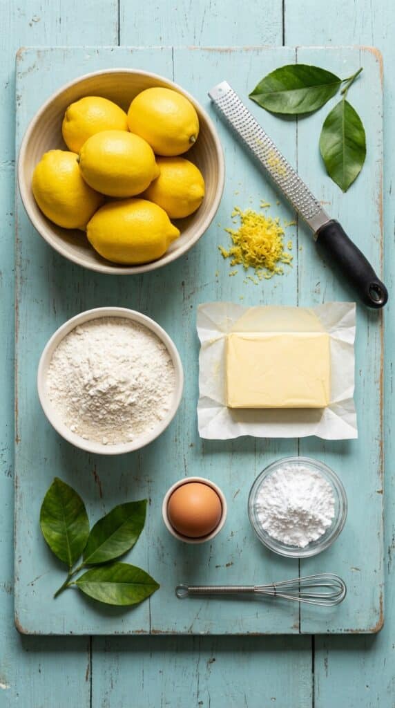 A flat lay showing fresh lemons, zest, flour, butter, egg, and powdered sugar on a blue board.
